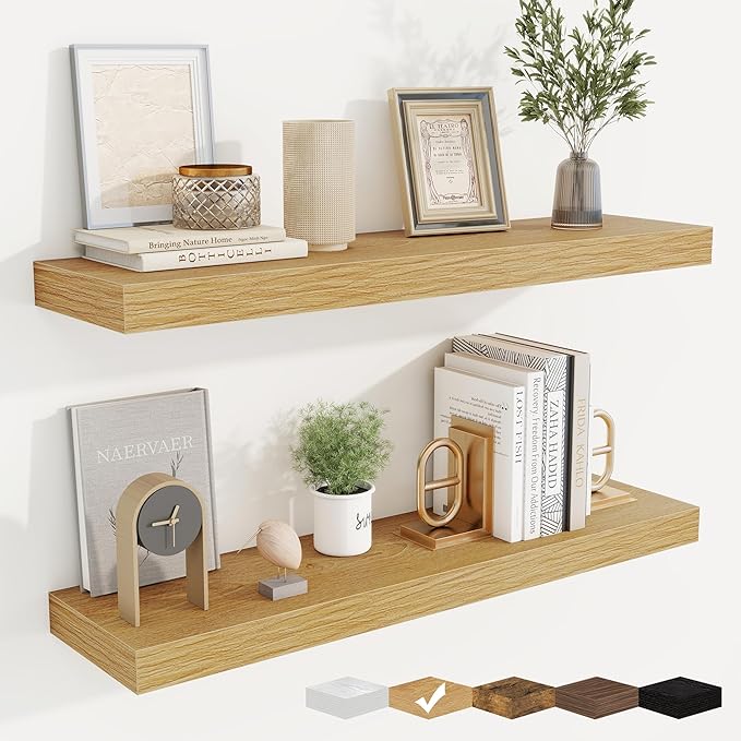 fuqing Floating Shelves for Wall, Wall Mounted Wood Floating Shelf with Invisible Brackets for Living Room, Bathroom, Bedroom, Kitchen Storage and Decor, 30 Inch Set of 2, Oak