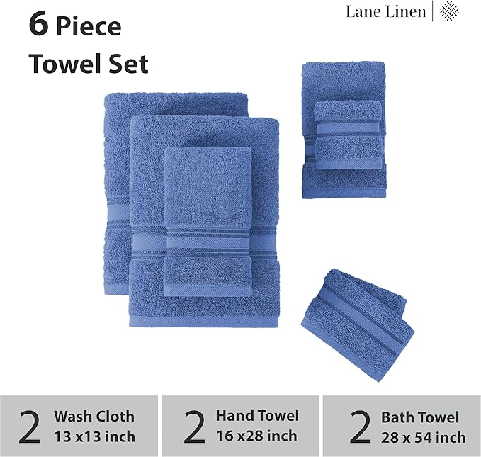 LANE LINEN Luxury Bath Towels Set - 6 Piece Set, 100% Cotton Bathroom Towel, Zero Twist, Quick Dry Shower Towels, Soft Absorbent Bath Towel, 2 Bath Towels, 2 Hand Towels, 2 Wash Cloths - Allure