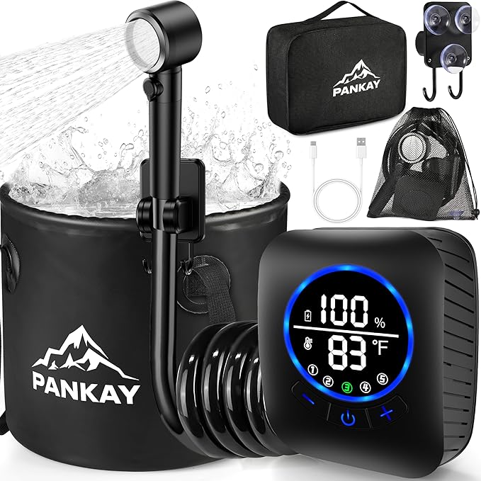 Portable Shower for Camping, 8000mAh Rechargeable Camping Shower Pump with XL Foldable Bucket, IPX8 Waterproof, Surrounding Water Inlet, 5 Pressure Modes Outdoor Shower Pump for Hiking, Travel, Pet