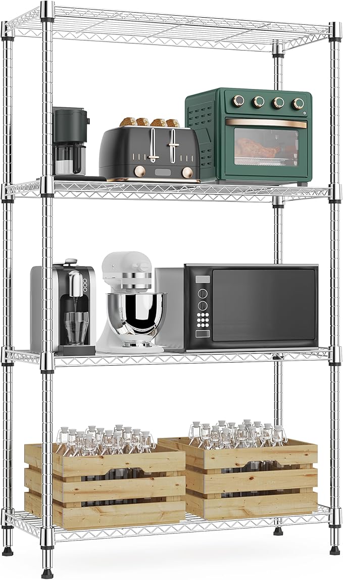 1000 lbs 4Tier Shelf Metal Storage Shelves Wire Rack Closet Organizers with Wheel for Garage Kitchen Bathroom Laundry Chrome 13.7" D x 23.6" W x 53.4" H