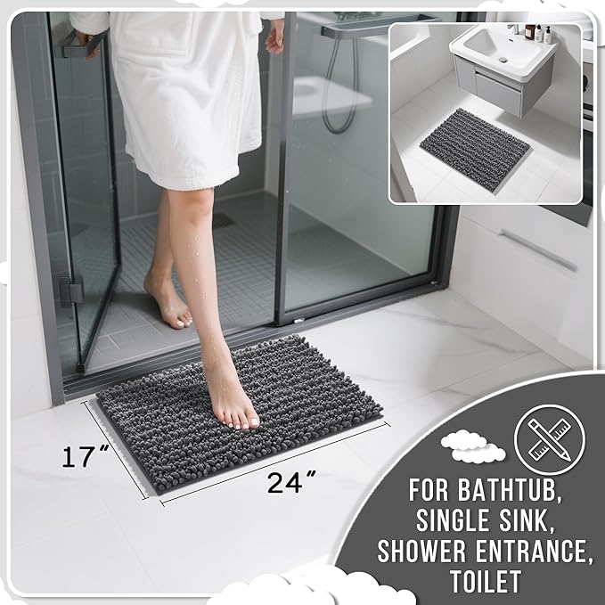 Yimobra Bathroom Rugs Non Slip Washable - Ultra Soft Absorbent Chenille Bath Mat, Quick Dry Shaggy Floor Carpet for Tub Shower, Dark Gray Home Decor Accessories, 24x17 Inch