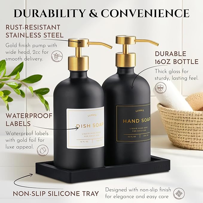 Lotion, Hand & Dish Soap Dispenser for Kitchen Sink - Bathroom Soap Dispenser Set of 2 16.8 Oz Glass Bottles with Stainless Steel Pump, 15 Water Proof Labels & Silicon Tray (Black/Gold)