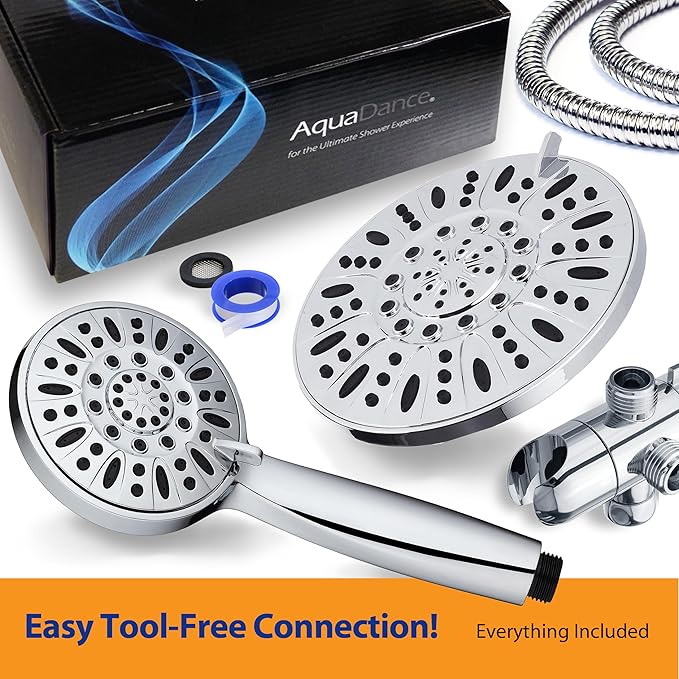 AquaDance 7" Premium High Pressure 3-Way Rainfall Combo for The Best of Both Worlds - Enjoy Luxurious Rain Showerhead and 6-Setting Hand Held Shower Separately or Together - Chrome Finish - 3328