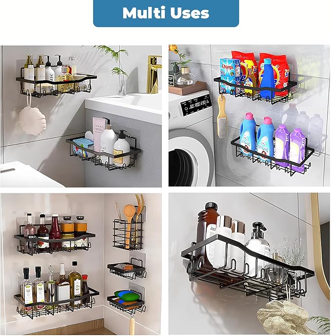Fab Glass and Mirror 5-Pack Shower Caddy, Black - Shower Organizer & Shelves for Efficient Storage, Bathroom Caddy for Wall Organizer, Durable Wall Caddy