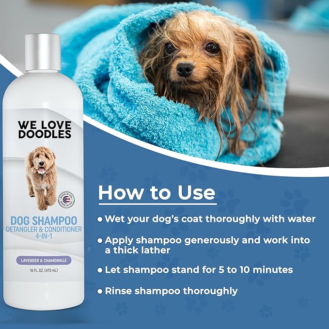 Dog Shampoo, Conditioner & Detangler - Best Shampoo for Goldendoodles, Poodles & Doodles - for Matted Pet Hair - Sensitive Skin Shampoo for Puppies - Made in The USA, 16OZ (Lavender)