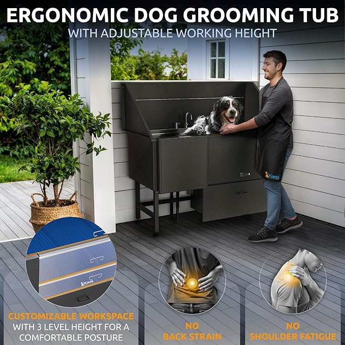 KANIS Black Line Professional Dog Washing Station - 304 Stainless Steel Pet Wash Sink & Grooming Bathtub w/Shower, Floor Grates and Storage for Large, Medium & Small Pets (61", 1 Drawer - Left Ramp)