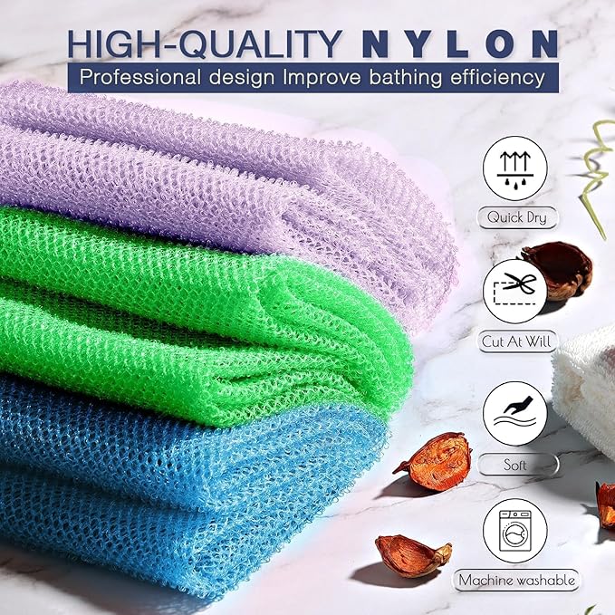 UJFQBH 3 Pieces African Bath Sponge African Net Long Net Bath Sponge Exfoliating Shower Body Scrubber Back Scrubber Skin Smoother,Great for Daily Use (Pale Purple, Blue, Green)
