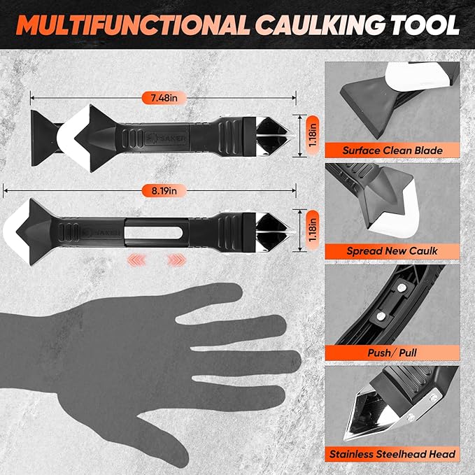 Saker Silicone Caulking Tools-3 in 1 Sealant Finishing Tool Grout Remove Scraper (Stainless Steelhead),Caulk Remover Glass Glue Angle Scraper for Bathroom,Kitchen,Floor,Window,Sink Joint,Frames Seal