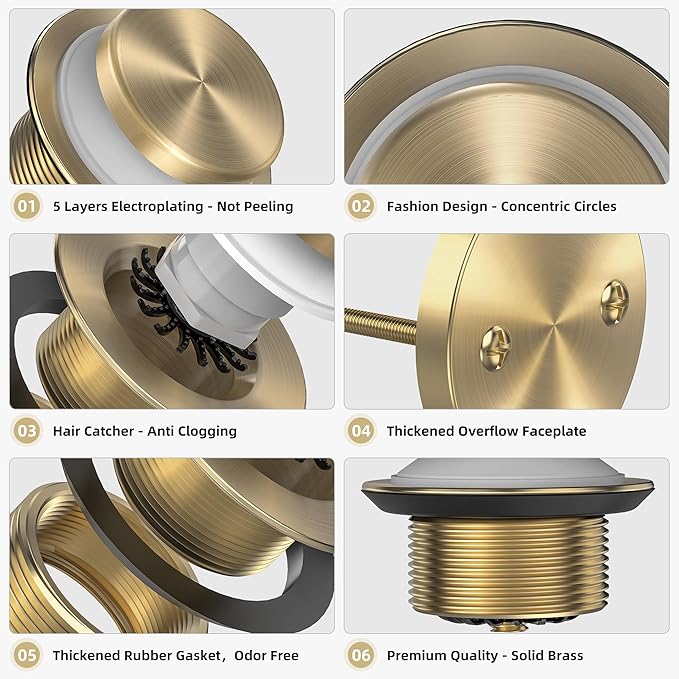 Brushed Gold Tub Drain Kit with Hair Catcher, Premium Brass Tip-Toe Bathroom Tub Drain Replacement and 2-Hole Overflow Faceplate, 11.5/16 UNC Bathtub Drain Stopper Assembly