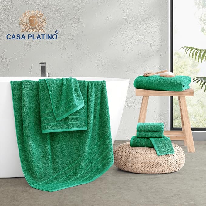 Casa Platino 100% Mercerized Cotton Bathroom Towel Set - 8 Pieces, Hotel Quality - Super Soft & Highly Absorbent - Ring Spun - 2 Large Bath Towels, 4 Washcloths, 2 Hand Towels - Family Pack - Emerald