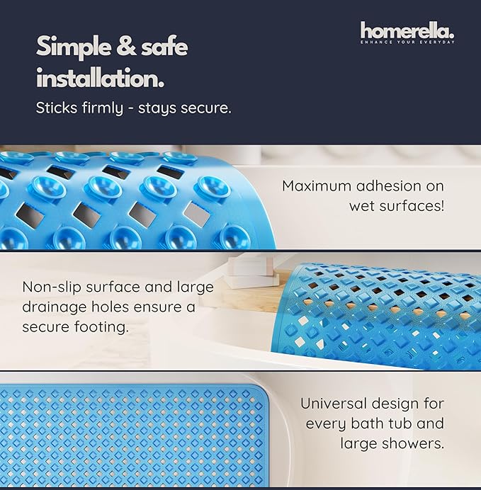 homerella® Bathtub Mat Non Slip 35x16, Incl. Hooks for Drying, Extra Long, 100% BPA Free, Shower Mat Non Slip Anti Mold, Machine Washable, Shower Mats for Inside Shower Mildew Resistant