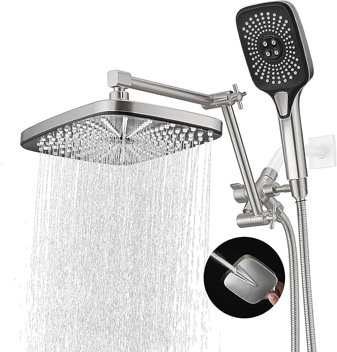 Rain Shower Head with Handheld Spray Combo, 12 Inch Rainfall Shower Heads with Adjustable Extention Arm, High Pressure Showerhead with 3-Way Diverter - Height/Angle Adjustable(Brushed Nickel)