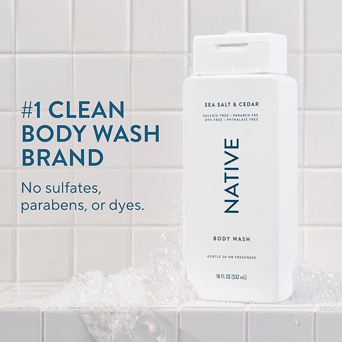 Native Body Wash Contains Naturally Derived Ingredients | For Women & Men, Sulfate, Paraben, & Dye Free Leaving Skin Soft and Hydrating | Sea Salt & Cedar 18 oz