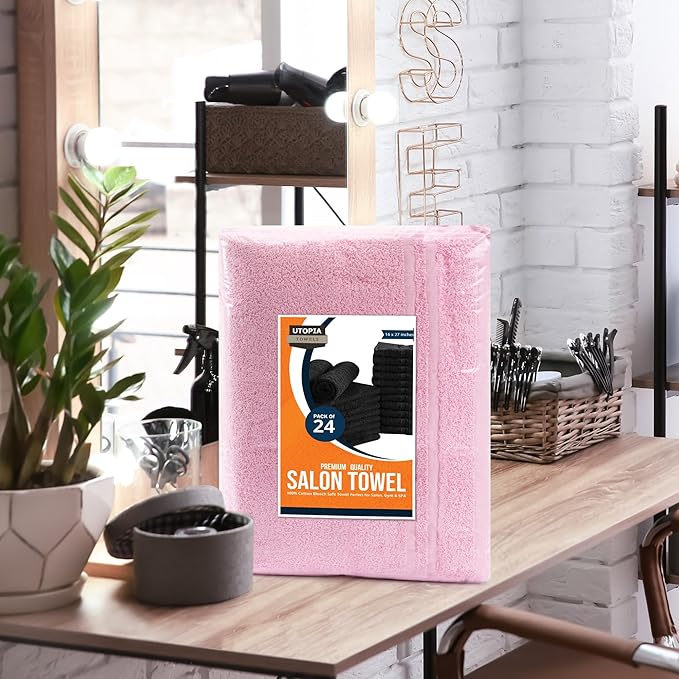 Utopia Towels Cotton Bleach Proof Salon Towel 16 by 27 inches, Bleach Safe Gym 100% Cotton Hand Towel, 12 Pack, Pink