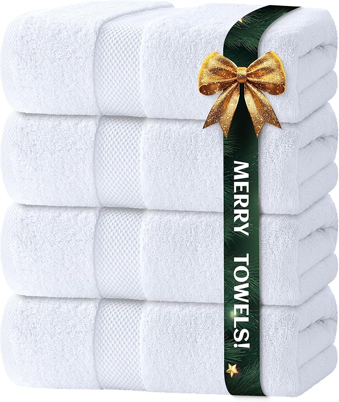 White Classic Luxury Bath Towels Set of 4 Large - 700 GSM Turkish Cotton Ultra Soft Bath Towels 27x54 | Highly Absorbent and Quick Dry | Hotel Towels for Bathroom Luxury, Plush Shower Towels, White