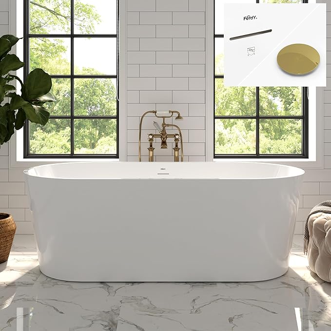 FerdY Shangri-La 67" Acrylic Freestanding Bathtub, Classic Oval Shape Acrylic Soaking Bathtub with Polished Gold Drain & Minimalist Linear Design Overflow, Modern White, cUPC Certified