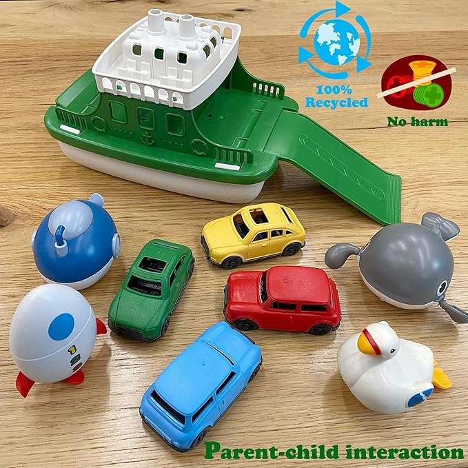 Ferry Boat with 4 Car and 4 Wind Up Bath Swimming Toys, Kids Bath Toy Floating Vehicle Whales Submarines Swans Rockets, Bathtub Bathroom Pool Beach Toy Set for Toddlers Boys Girls