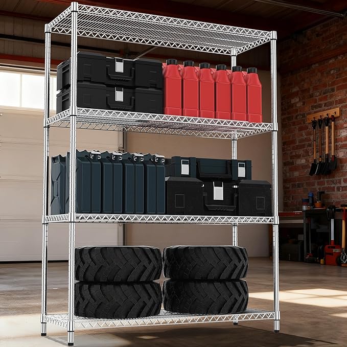 4 Tiers Shelf Metal Storage Shelves 2640 lbs Steel Storage Shelving Utility Shelving Unit Steel Organizer Wire Rack for Home,Kitchen,Office,Garage Chrome 17.7" D x 47.2" W x 70.3" H