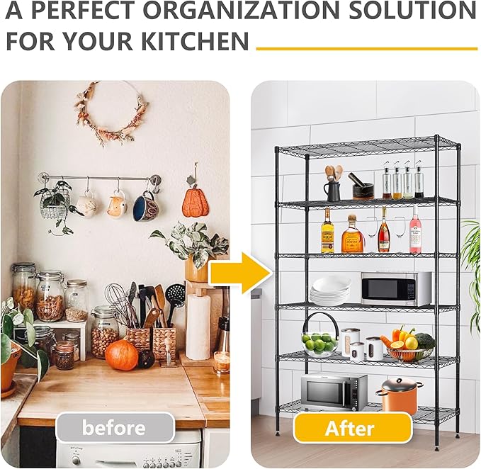 BestOffice | 6-Tier Wire Storage Shelves | 42x16x72 | Black | with Adjustable Racks | Heavy-Duty Metal Shelf, Holds Upto 1500 lbs | No-Tool Assembly | Ideal for Home & Garage Shelving