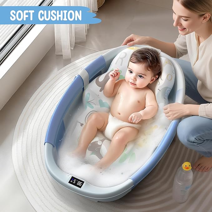 Collapsible Baby Bathtub, 3s to Install, Baby Bath Tub with Soft Cushion & Thermometer, 0-36 Months Newborn Bathtub,Portable Travel Baby Tub, Blue