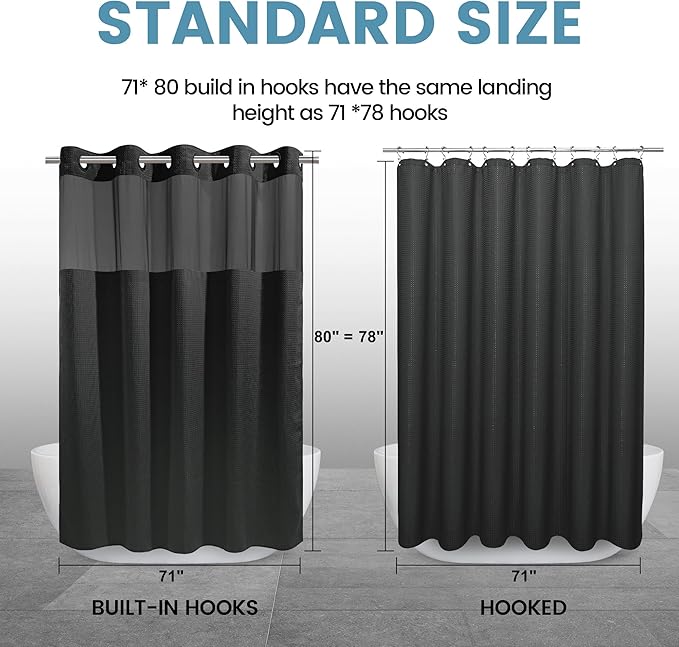 Long No Hook Shower Curtain with Snap in Liner,230GSM Waffle Weave Shower Curtains for Bathroom,71W x 80H(78"),Black