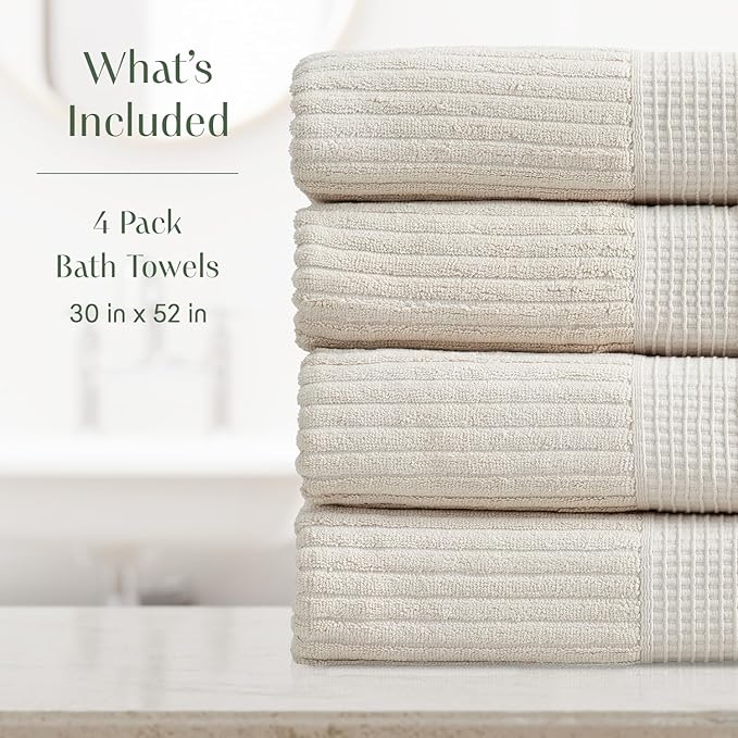 Springtree Home 100% Cotton Bath Towel Set of 4 | Super Soft & Absorbent with Quick-Dry Fibers | 4 Bath Towels |Textured and Durable Cotton | Krista Collection (Beige)