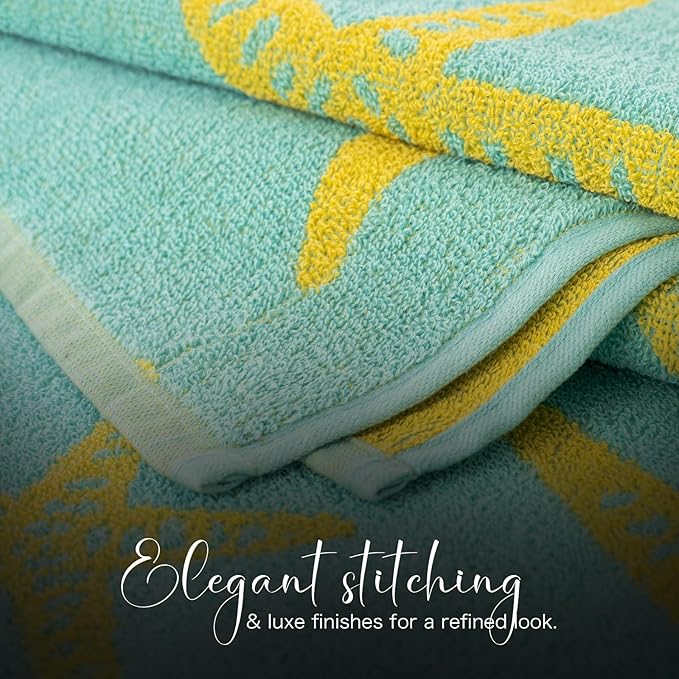 CASA COPENHAGEN Miami Bath Towels Designed in Denmark Rough and Tough, Quick Dry, for Pool, Bath & Shower 30"x60", 2 Pieces Cotton Beach Towels Set - Star Fish Teal + Yellow Stripe