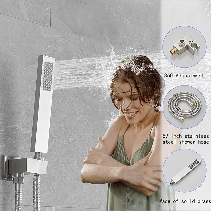 Brushed Nickel Shower System, 8 Inch High Pressure Rain Shower with Handheld, Wall Mount Shower Faucet Set for Bathroom, Rough-in Valve Body and Trim Included