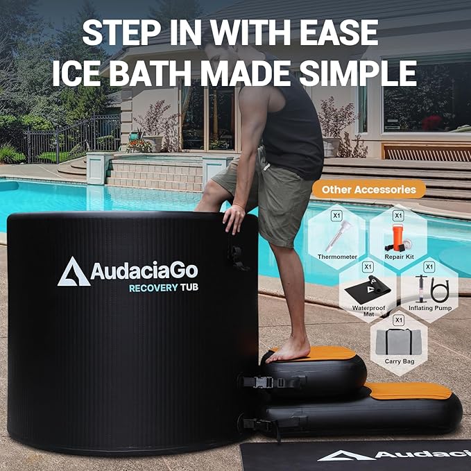 XXL Ice Bath Tub for Athletes, Compatible with Water Chillers, 186-Gallon Inflatable Cold Plunge Tub with Insulated Lid, Step, Thermometer, Water-Absorbent Mat, Portable for Outdoor & Indoor Recovery