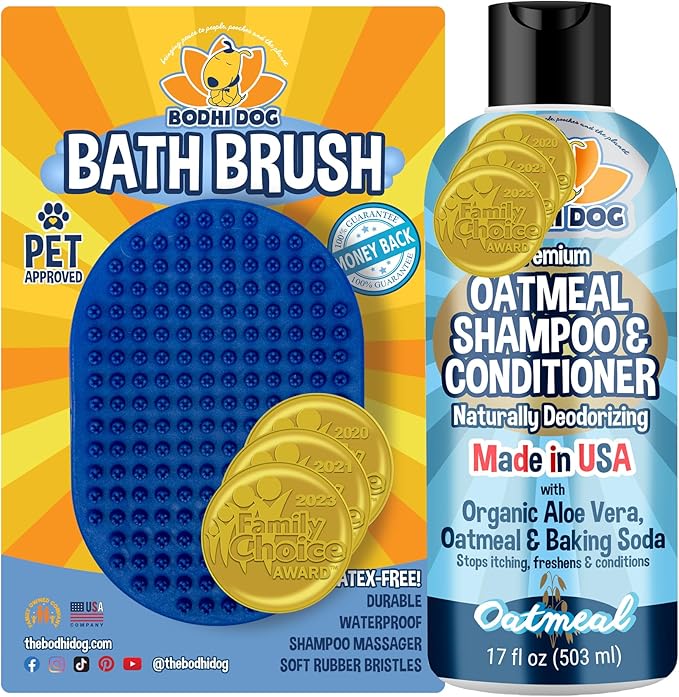 Bodhi Dog Grooming Bundle - Oatmeal Shampoo & Conditioner with Bath Brush - Pet Shower Supplies for Dogs and Cats - Gentle Care for Long, Short & Curly Hair, Safe and Effective, Made in USA