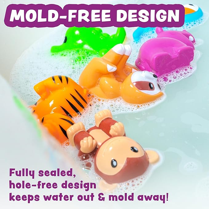 Tub Works® Rainforest™ Mold Free Bath Toys, 6 Pack | Sealed, No Hole Bath Toys Design Keeps Moisture Out | Soft, Squeezable & Float on Water | Easy-Grip Baby & Toddler Bath Toy | Great Baby Pool Toys