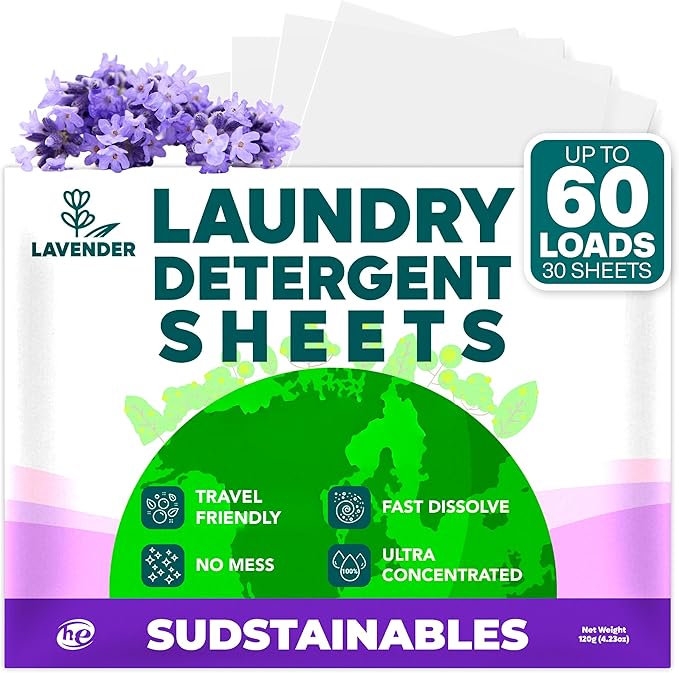 Sudstainables Laundry Detergent Sheets 60 Loads – Dissolvable Laundry Sheet for Washing Machines, Compact Alternative to Liquid & Powder Detergent, Travel-Friendly Soap | Lavender