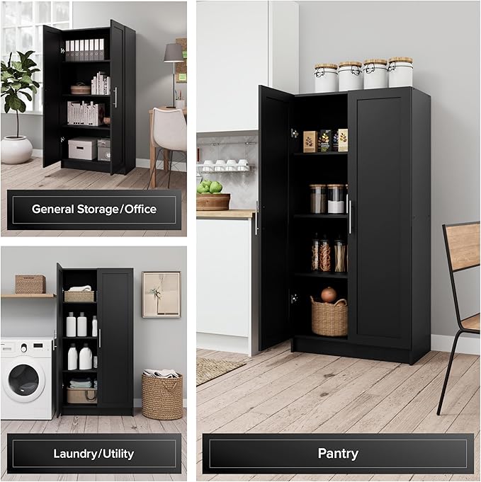 Prepac Elite Accent Cabinet with Panel Doors, Black Storage Cabinet, Bathroom Storage, Pantry with 3 Shelves 16.75" D x 32" W x 65" H