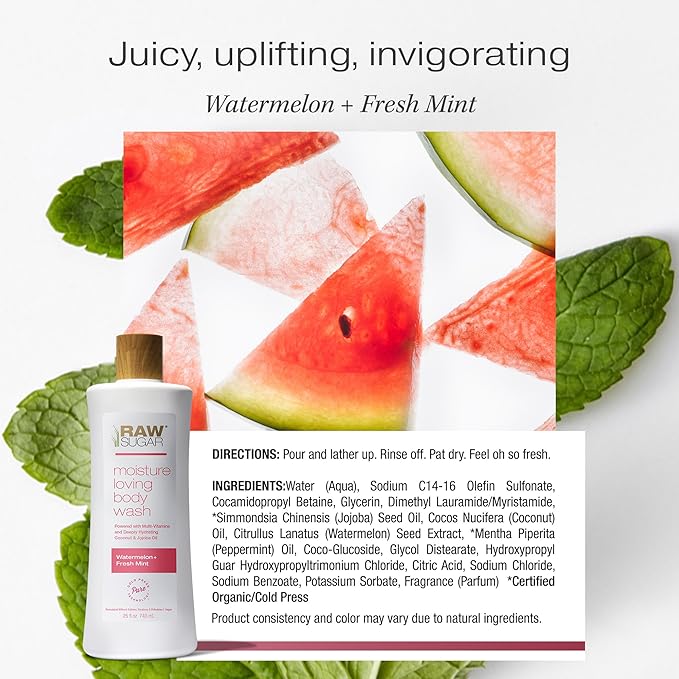 RAW SUGAR Moisture Loving Body Wash - Watermelon + Fresh Mint, Moisturizing & Refreshing Bath & Shower Gel, Sulfate-Free, Paraben-Free & Vegan (Pack of 3)