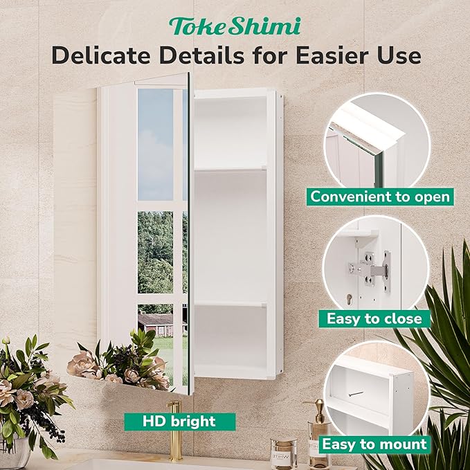 TokeShimi 16x24 Bathroom Medicine Cabinet with Mirror Tempered, Aluminum White Mirrored Medicine Cabinet Recessed or Surface Mount with Adjustable Storage Metal for Modern Farmhouse