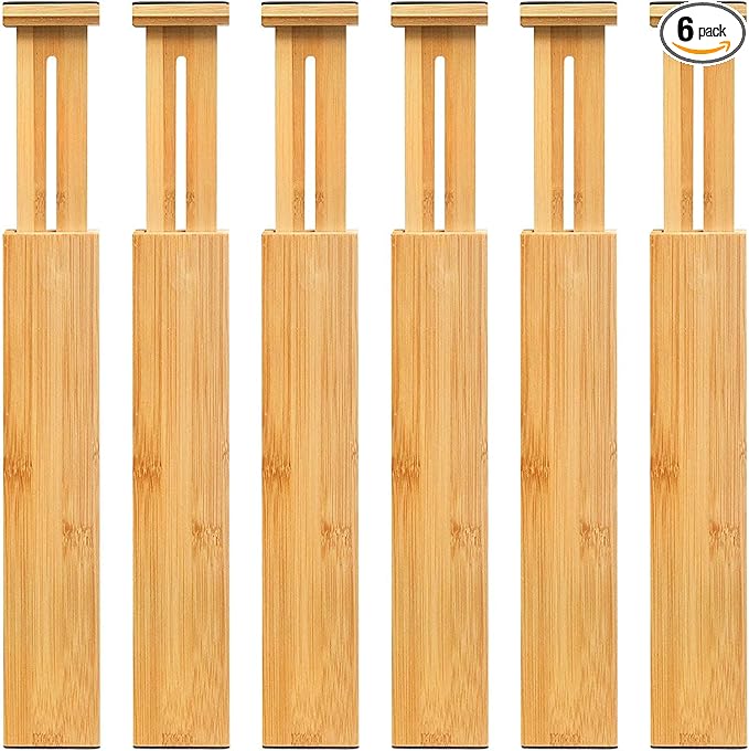 VaeFae Adjustable Bamboo Drawer Dividers, Expandable Drawer Organizer for Kitchen, Bedroom, Bathroom, Dresser and Office, 6-Pack