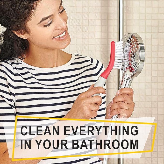 Scrub Brush Set of 6 pcs - Red or Blue Randomly Color, Cleaning Shower Scrubbers with Squeegee for Shower Glass & Adhesive Wall Hooks Including Grout Cleaner Brush for Cleaning Bathroom, Tile
