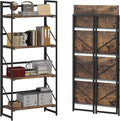 JSB No Assembly Folding Bookshelf, 4 Tier Industrial Metal Book Shelf for Storage, Vintage Wood Foldable Bookcase for Living Room, Bedroom, Office Organization Shelves