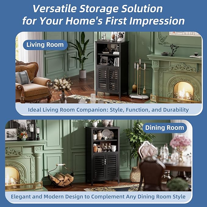 HITNET Black Bathroom Storage Cabinet, Freestanding Bamboo Floor Cabinet 5 Tier Tall Kitchen Cupboard with Door and Removable Shelves