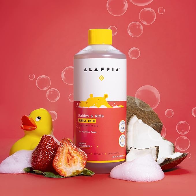 Alaffia Babies and Kids Bubble Bath, Gentle Bath Essentials for Delicate Skin, Plant-Based Formula That is Paraben & Sulfate-Free, Vegan, Calming with Long-Lasting Bubbles, Coconut Strawberry 16 Fl Oz