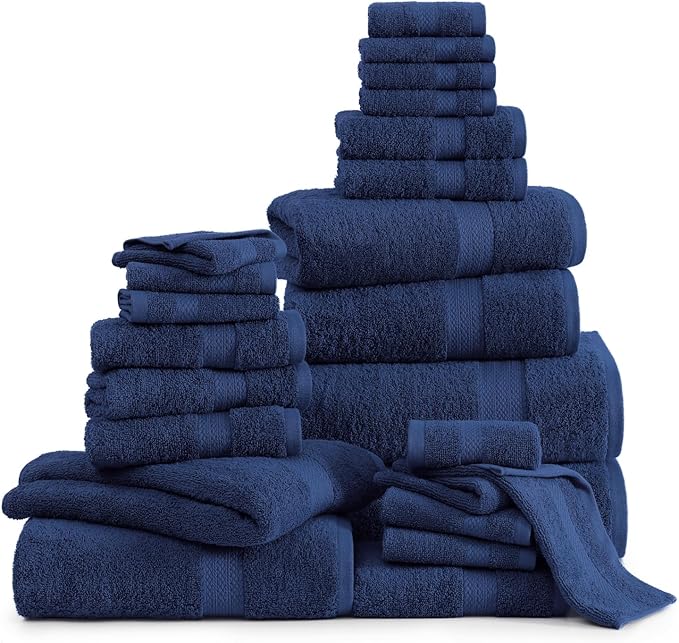 LANE LINEN 24 PCs Bath Towel Set - 2 Bath Sheets, 4 Bath Towels, 4 Fingertip, 8 Washcloths, 6 Hand Towels - 100% Ring Spun Cotton - Highly Absorbent Towels for Bathroom, Gym, Hotel & Spa - Navy Blue