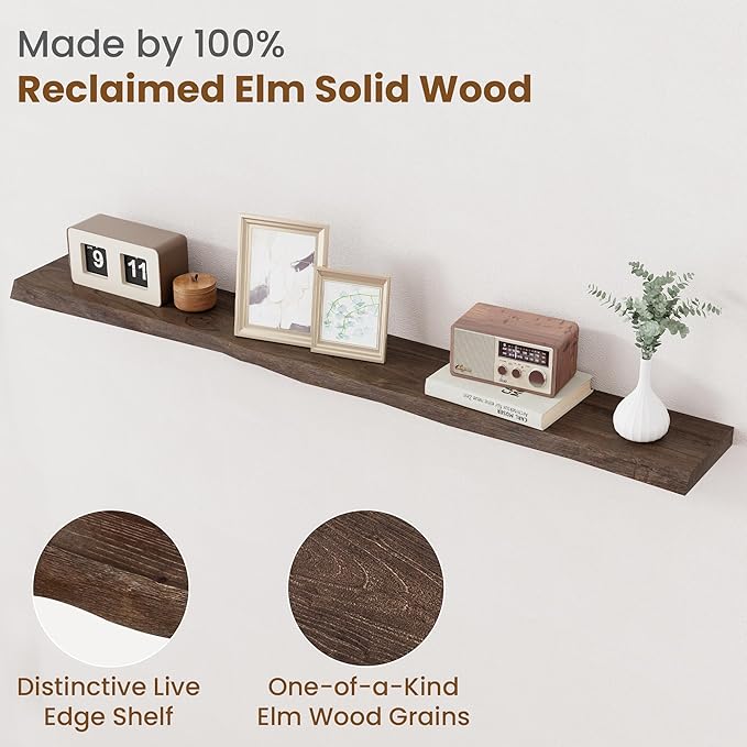 Floating Shelves for Wall Decor, Rustic Solid Elm Wood Live Edge Floating Shelves Wall Mounted, Wall Shelves with Invisible Bracket for Living Room Bathroom Bedroom Kitchen, 55 Inch, Walnut