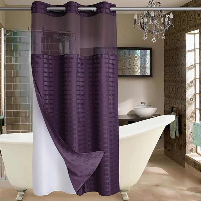 Conbo Mio Stall No Hook Shower Curtain with Snap in Liner Set, Hotel Luxury Purple Shower Curtains for Bathroom with See Through Top Window, Waterproof, Washable 36W x 74H