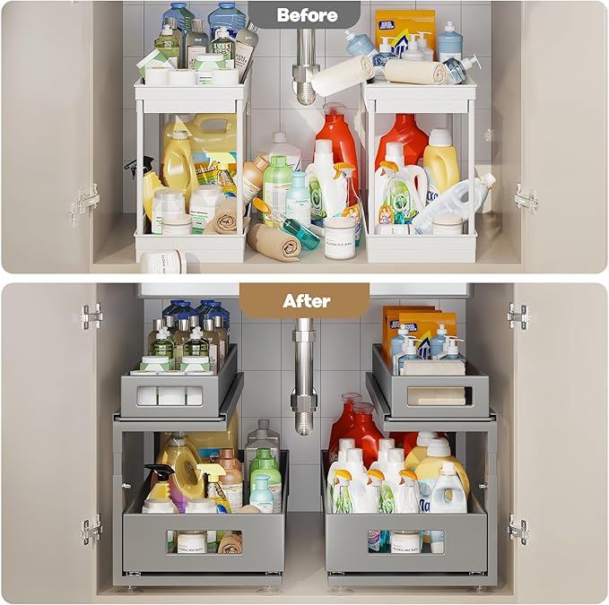 2 Pack 21.3IN-Depth Under Sink Organizer with Next-Gen Ball-Bearing Slides,2-Tier Pull Out Cabinet Storage,Height Adjustable Drawer Shelf for Bathroom,Kitchen,Laundry,Cabinet,Pantry-Gun Gray