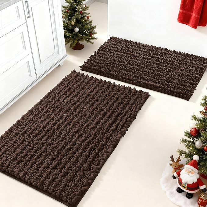 Yimobra Bathroom Rugs Sets 2 Piece - Quick Dry Extra Thick Luxury Chenille Bath Mat, Non Slip Super Absorbent for Tub Shower Sink, Machine Washable Shaggy Floor Mat, 32"x20"+24"x17" Inch, Brown