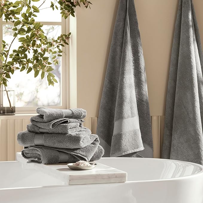 BOLL & BRANCH Plush Bath Sheet Set - Stone - 6 Piece - Includes 2 Oversized Bath Sheets, 2 Hand Towels & 2 Washcloths - 100% Organic Cotton - Ultra Soft & Luxurious - Quick Absorbing