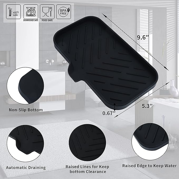 Silicone Bathroom Soap Dishes with Drain Spout-Bathroom and Kitchen Sink Organizer,Sponge Holder,Dish Soap Tray,Perfect for Dispenser,Scrubber,Bottle,Cup on Sink or Counter-Black 9.6"×5.3"