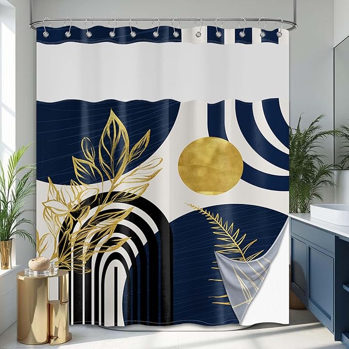 Navy Blue See Through Mesh Top Shower Curtain with Window, Boho Dark Blue and Gold Double Layer Mens Shower Curtains with Snap in Liner with Magnets, Waterproof Cloth Fabric with Hooks 71x72in