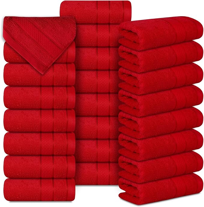 Casa Lino Face Towels & Body Wash Cloths for Showering - 100% Cotton Wash Cloths for Bathroom - Highly Absorbent & Quick Drying Washcloth Set - Cotton Washcloths 24 Pack (12" x 12") - (Red)