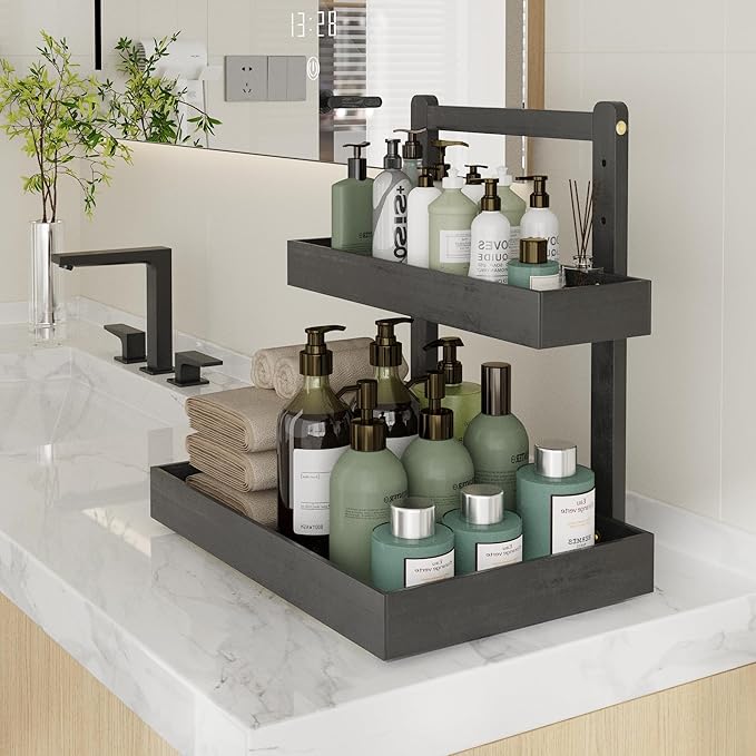 Bamboo Under Sink Organizer and Storage, 2 Tier Pull Out Cabinet Organizer, Slide Out Under Sink Storage Shelf, Undersink Organizers Shelves for Kitchen Bathroom Organization (Black, 2 Packs)